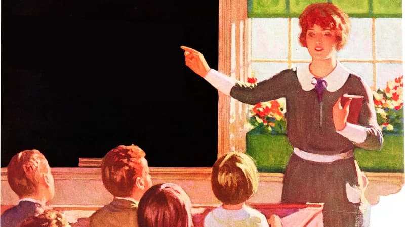 Vintage illustration of a teacher pointing at a blackboard while giving instructions to her class — learning the French imperative mood