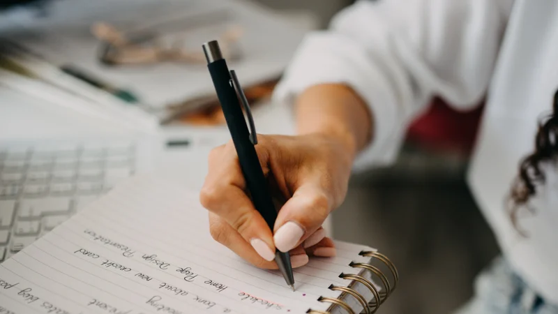 Close-up of a hand writing in a spiral notebook — a guide to the French passé récent