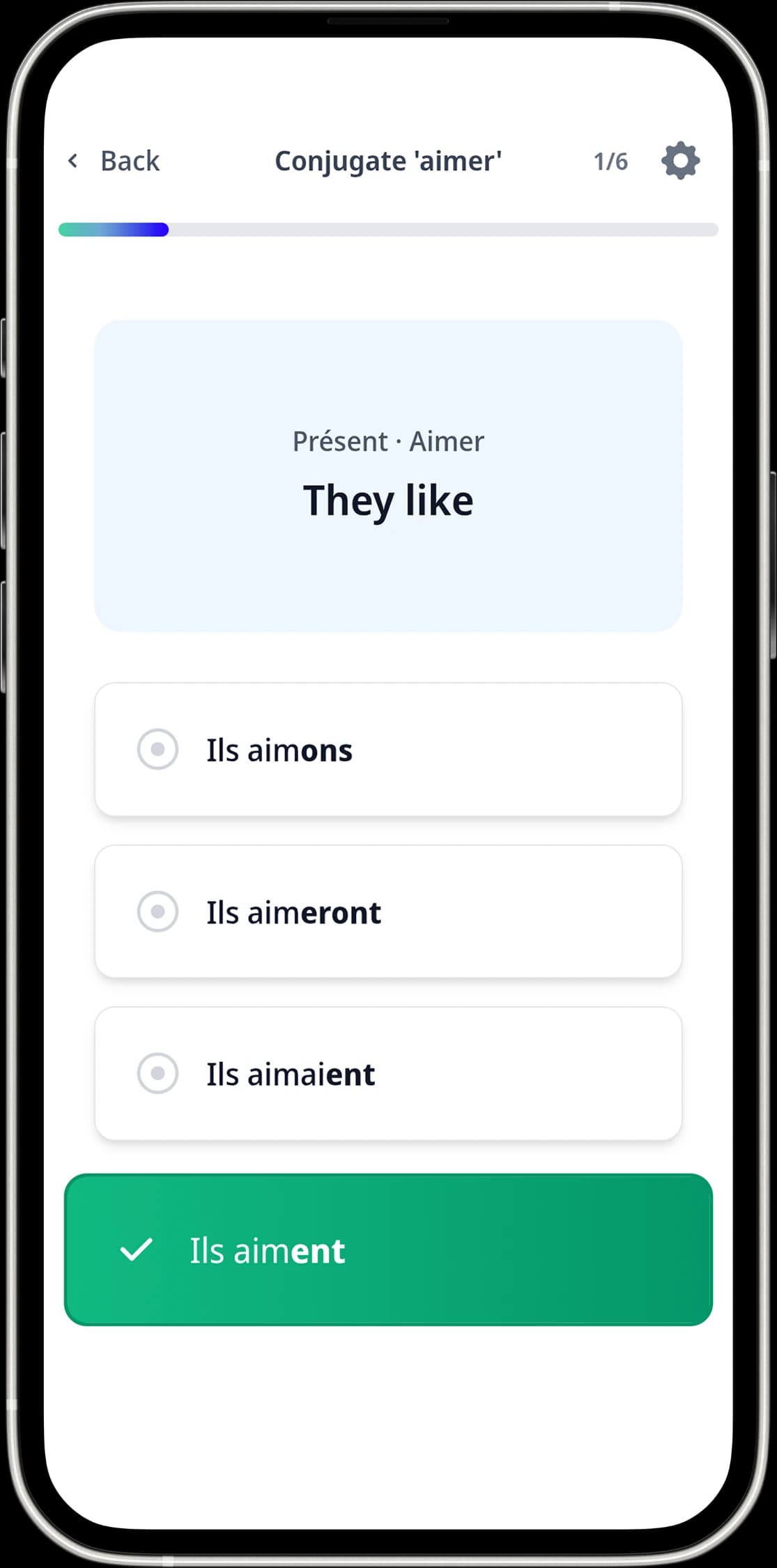 French verbs quiz interface