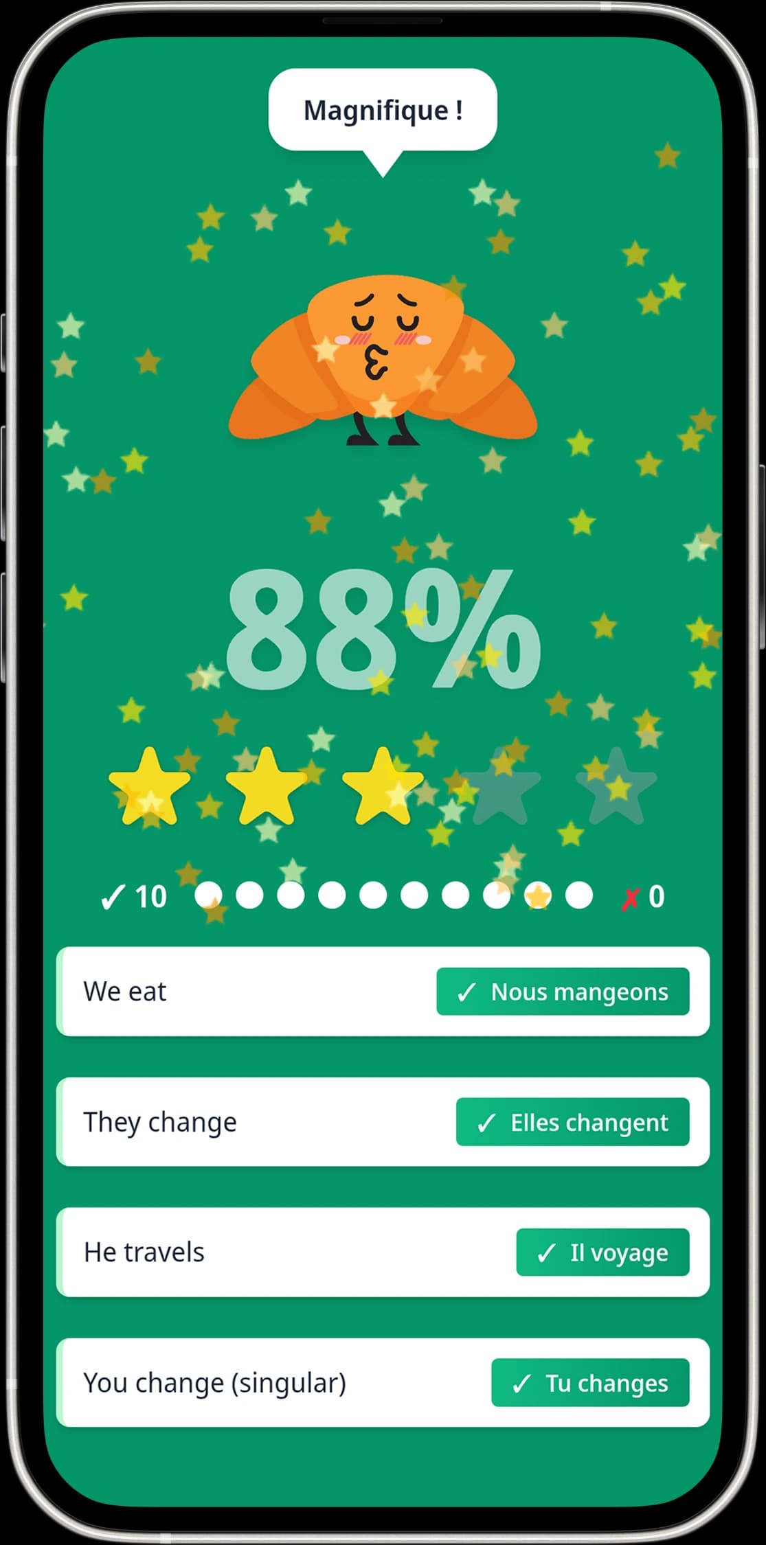 Progress dashboard in Croissant Verbs