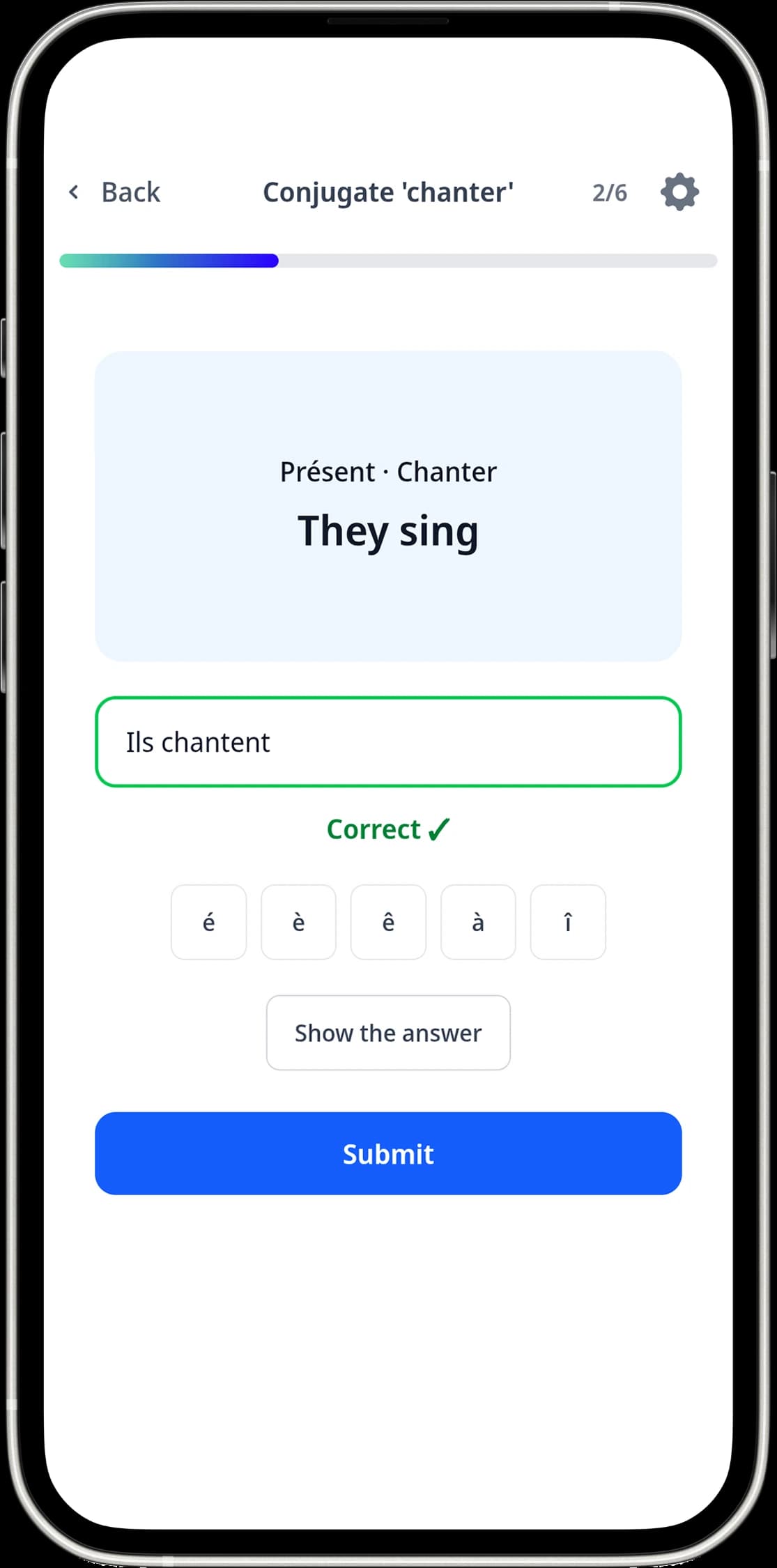 Interactive French conjugation quiz in the app