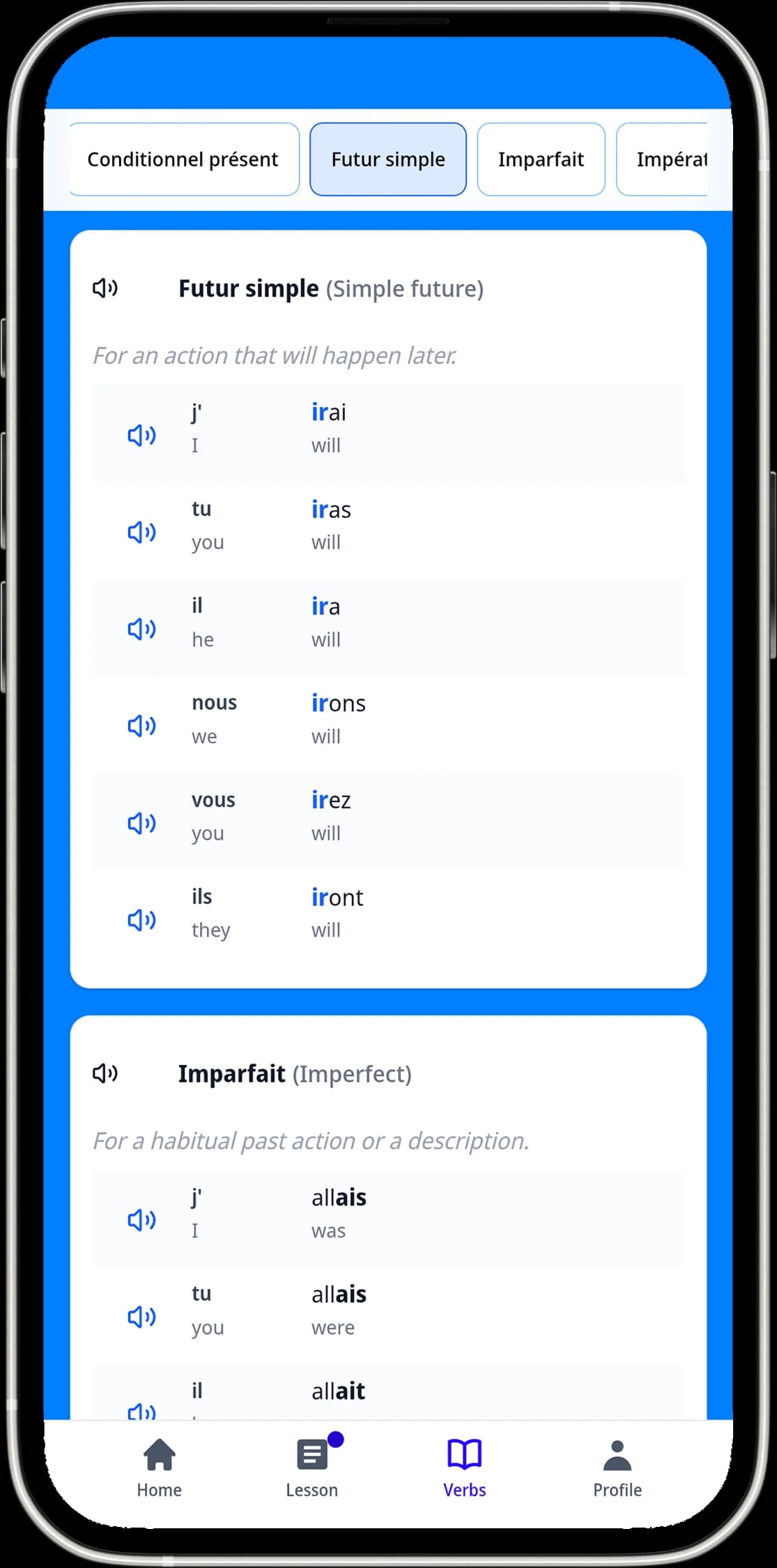 Essential French verbs list in the app