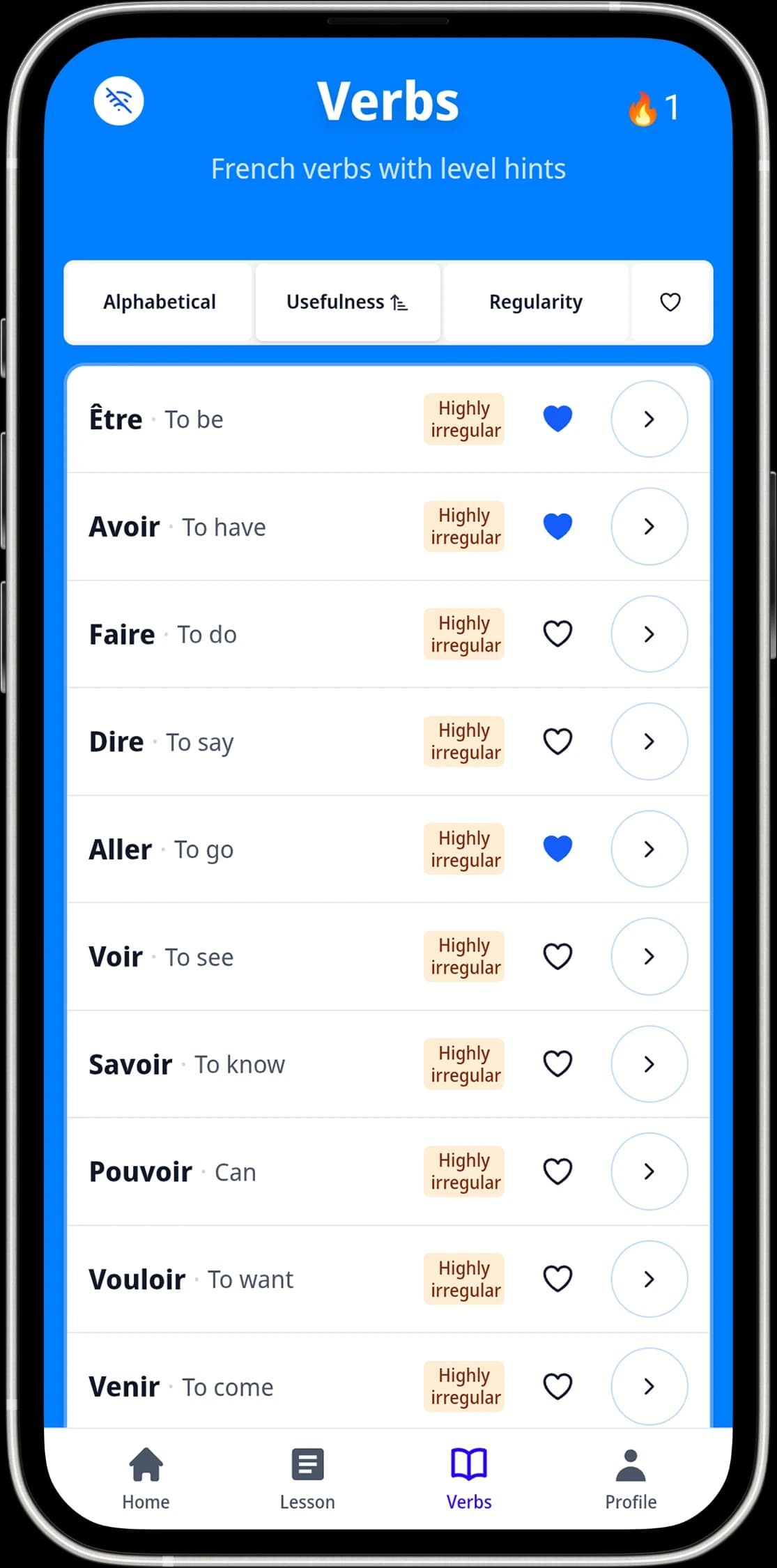 Essential French verbs list in the app